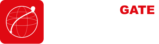 Horizontal light logo lockup for Express Gate Logistic, designed for dark backgrounds. On the left, a bold crimson-red rounded square badge contains a white wireframe globe rendered with an equatorial ellipse, an upper-latitude ellipse, and a central meridian ellipse to suggest a three-dimensional Earth. Overlaid on the globe is a smooth white curved arc representing a global shipping route, tracing from the lower-left of the globe upward to the upper-right, where it terminates at a classic white location-pin icon — a filled circle above a downward-pointing triangle — symbolising a worldwide delivery destination. A small filled white circle marks the origin of the route at the lower-left. To the right, a barely-visible vertical white hairline divides the badge from the wordmark. The primary wordmark reads EXPRESS in large heavy white sans-serif capitals followed by GATE in crimson red. Beneath sits LOGISTIC in white letter-spaced caps, a thin rule, and the italic serif tagline Your gateway to the world.